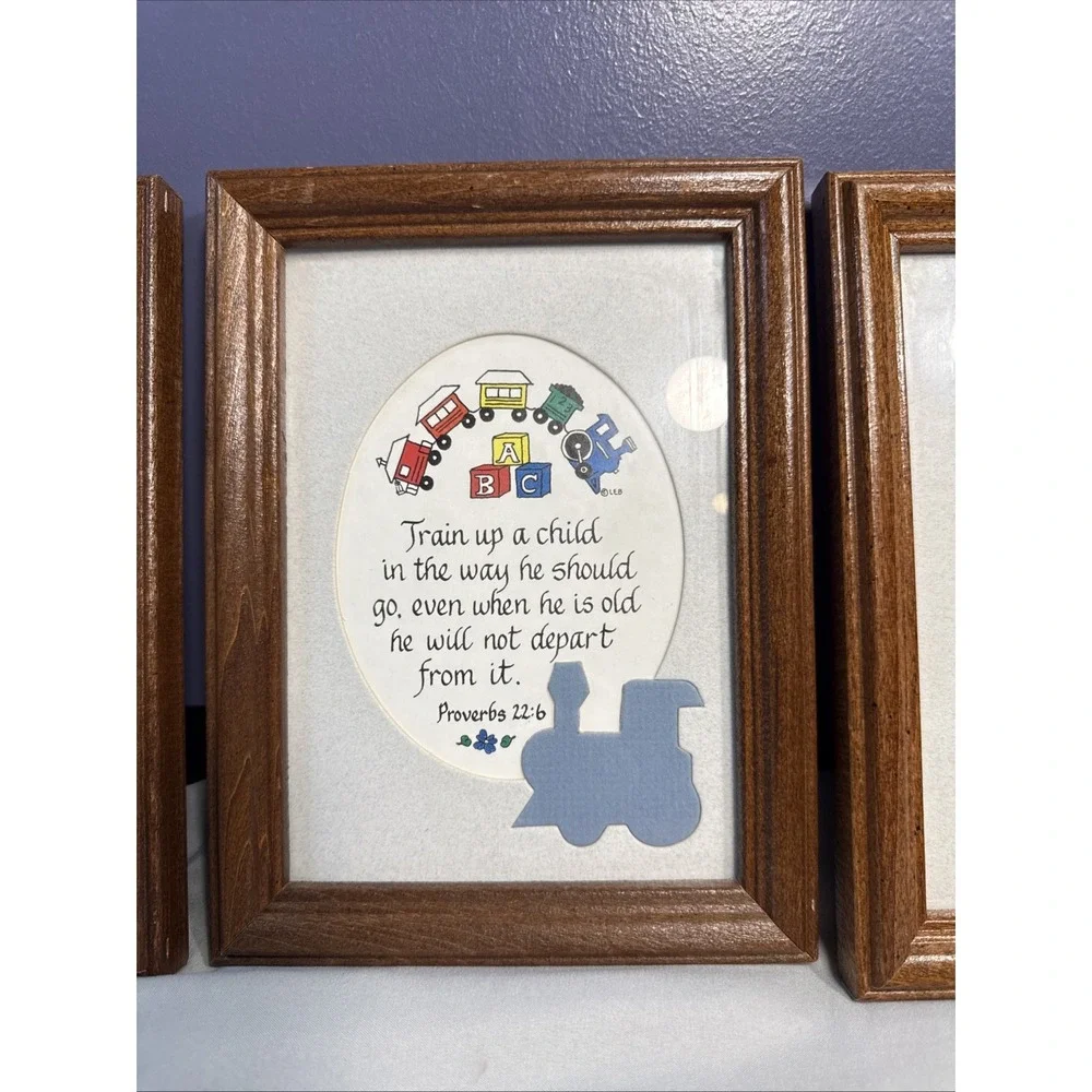 Vintage 1980s Nursery Framed Wall Art Set of 3 Train Up A Child Wooden Decor